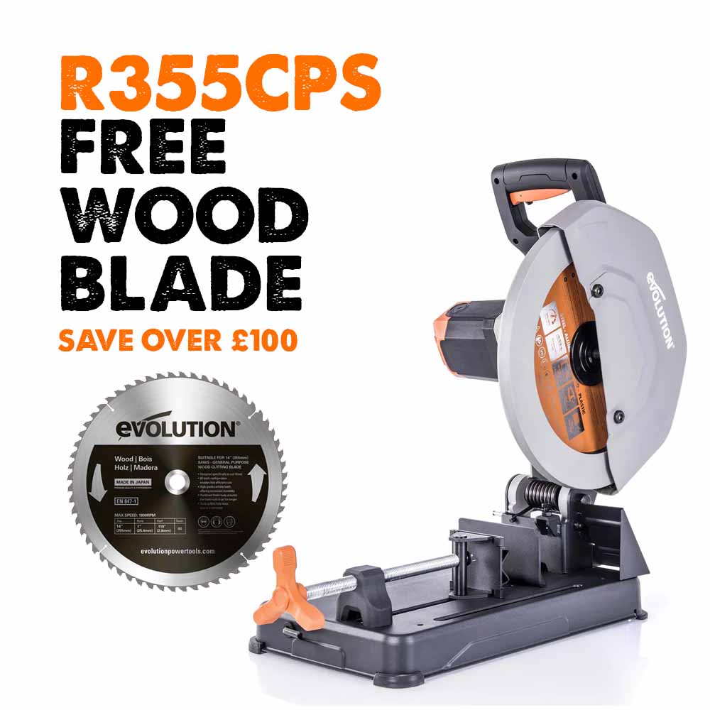 Evolution Power Tools R355CPS 14-Inch Chop Saw Multi Purpose,  Multi-Material Cutting Cuts Metal, Plastic, Wood & More Miter Cut up to 45˚  Degrees TCT