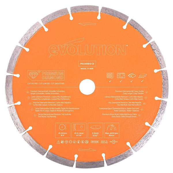Evolution 230mm, Premium Diamond Disc Cutter Blade With High Diamond Concentration, Segmented Edge and 22.2mm Bore - Evolution Power Tools UK