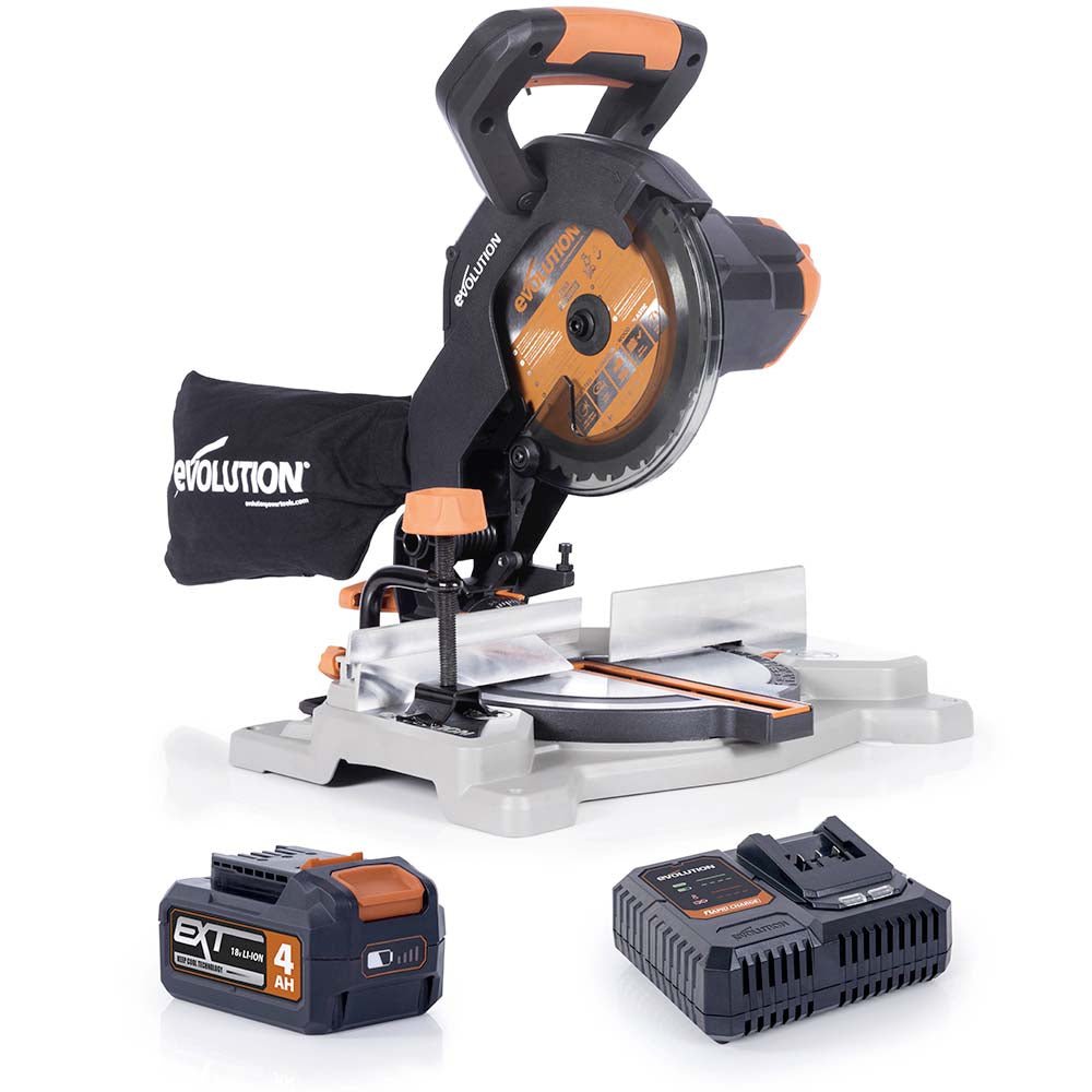 Evolution 185mm Cordless 18V Single Bevel Compound Mitre Saw R185CMS-Li and Multi-Material Blade