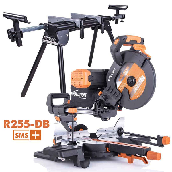 Evolution R255SMS-DB+ A 255mm Double Bevel Mitre Saw & Mitre Saw Stand Bundle - Evolution Power Tools UK