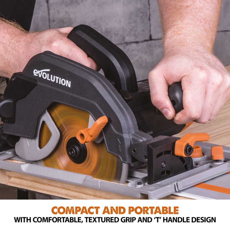 Evolution R185CCSX+ Circular Saw with TCT Multi-Material Cutting Blade and 1.4m Track - Evolution Power Tools UK