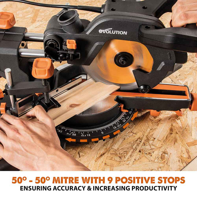 Evolution R185SMS+ 185mm Sliding Mitre Saw With TCT Multi-Material Cutting Blade (230V) - Evolution Power Tools UK