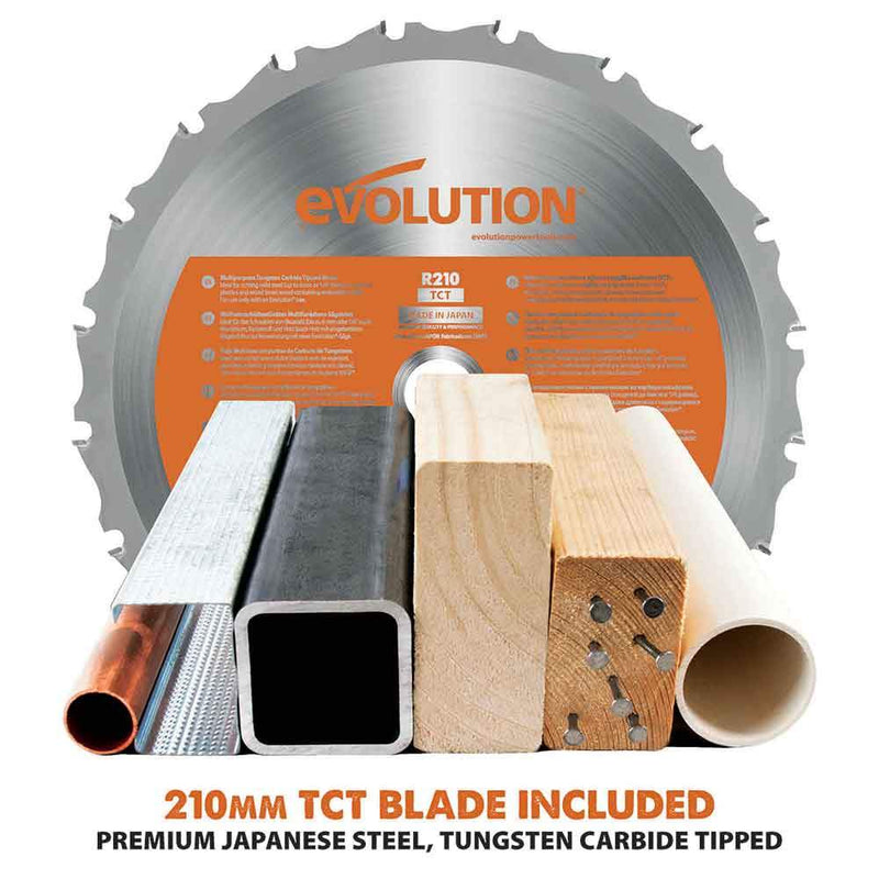 Evolution R210SMS 210mm Sliding Mitre Saw With TCT Multi-Material Cutting Blade - Evolution Power Tools UK