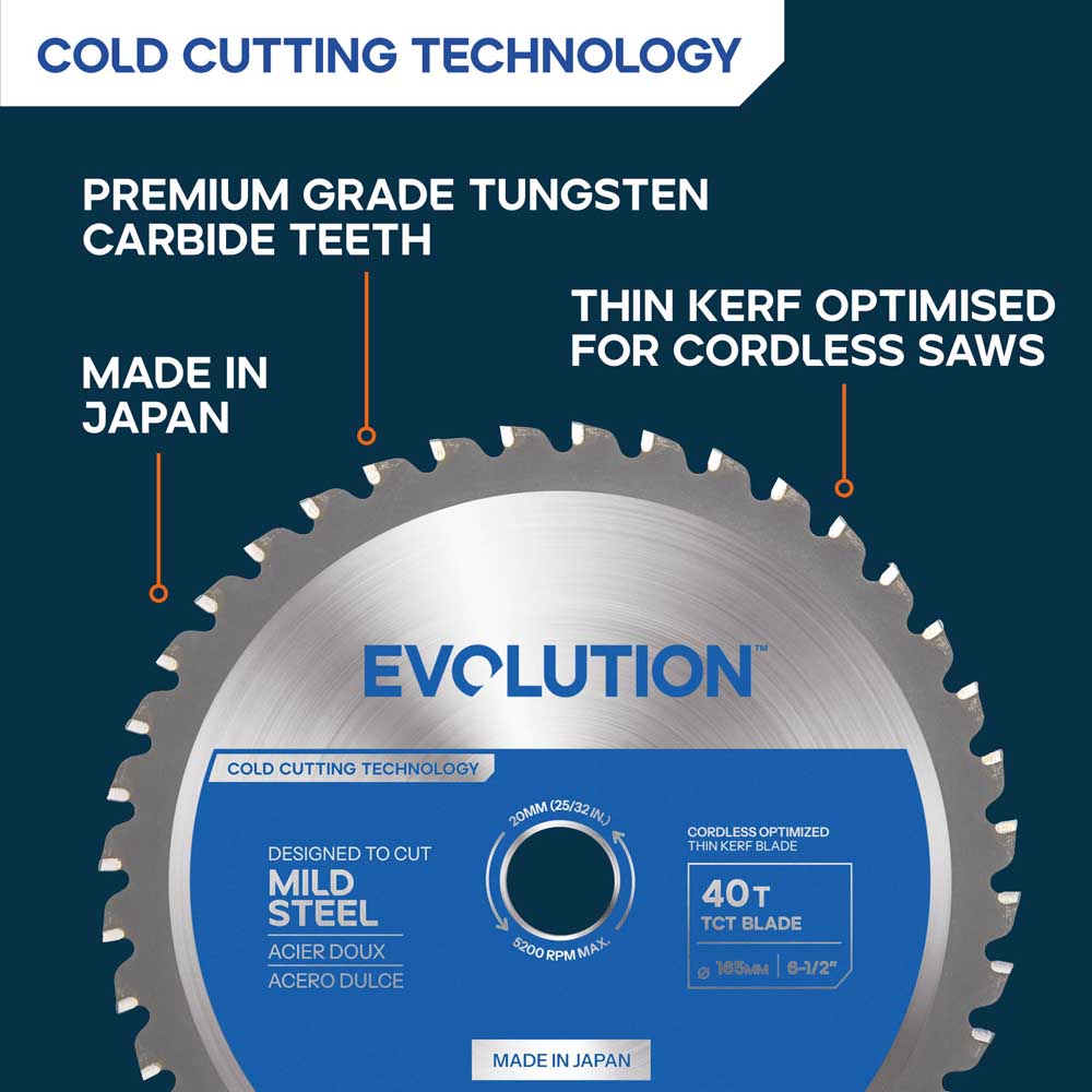 Evolution 165mm Mild Steel Cutting 40T TCT Circular Saw Blade Optimized For Cordless