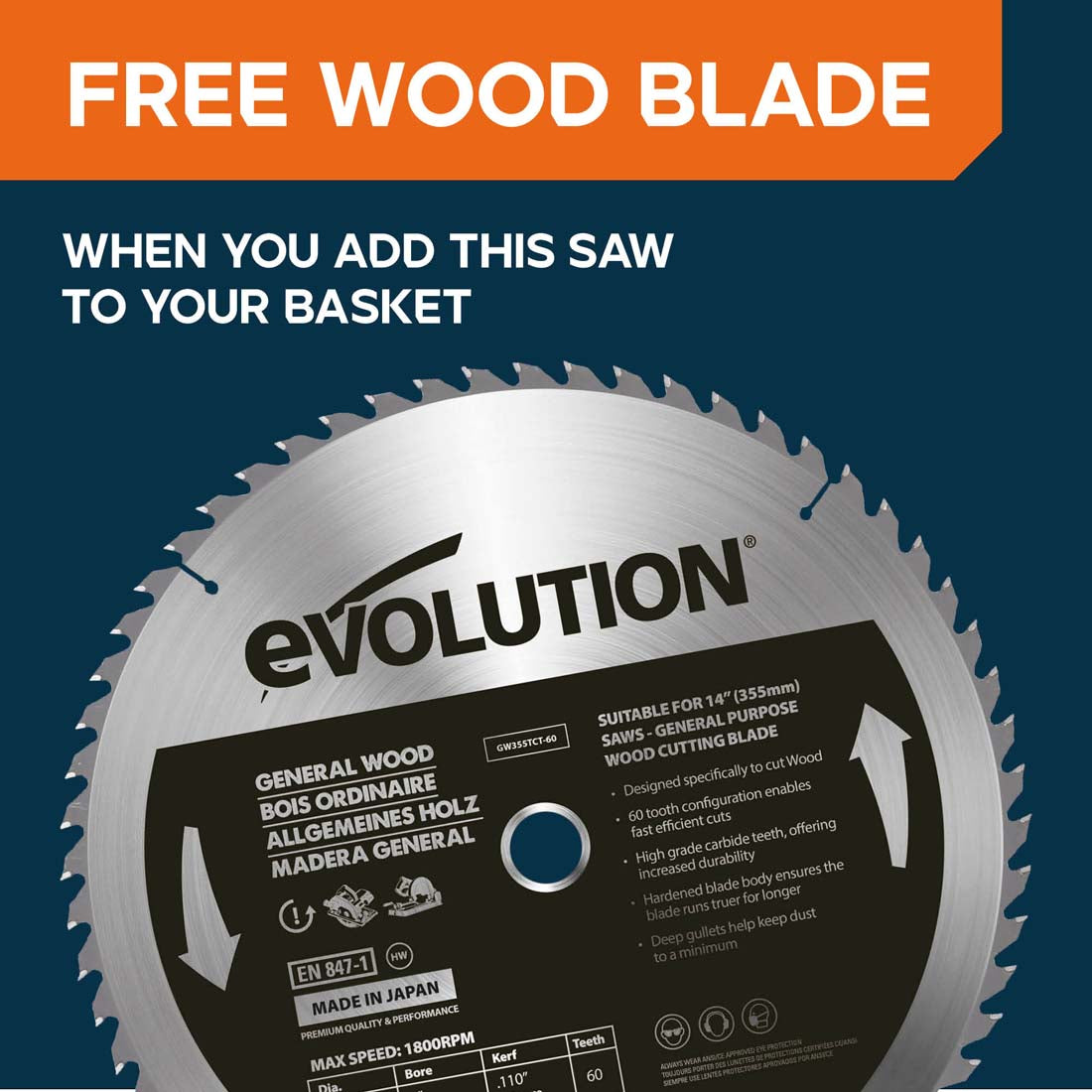 Evolution 355mm Multi-Material Chop Saw with TCT Blade for Steel, Wood & Plastic | R355CPS