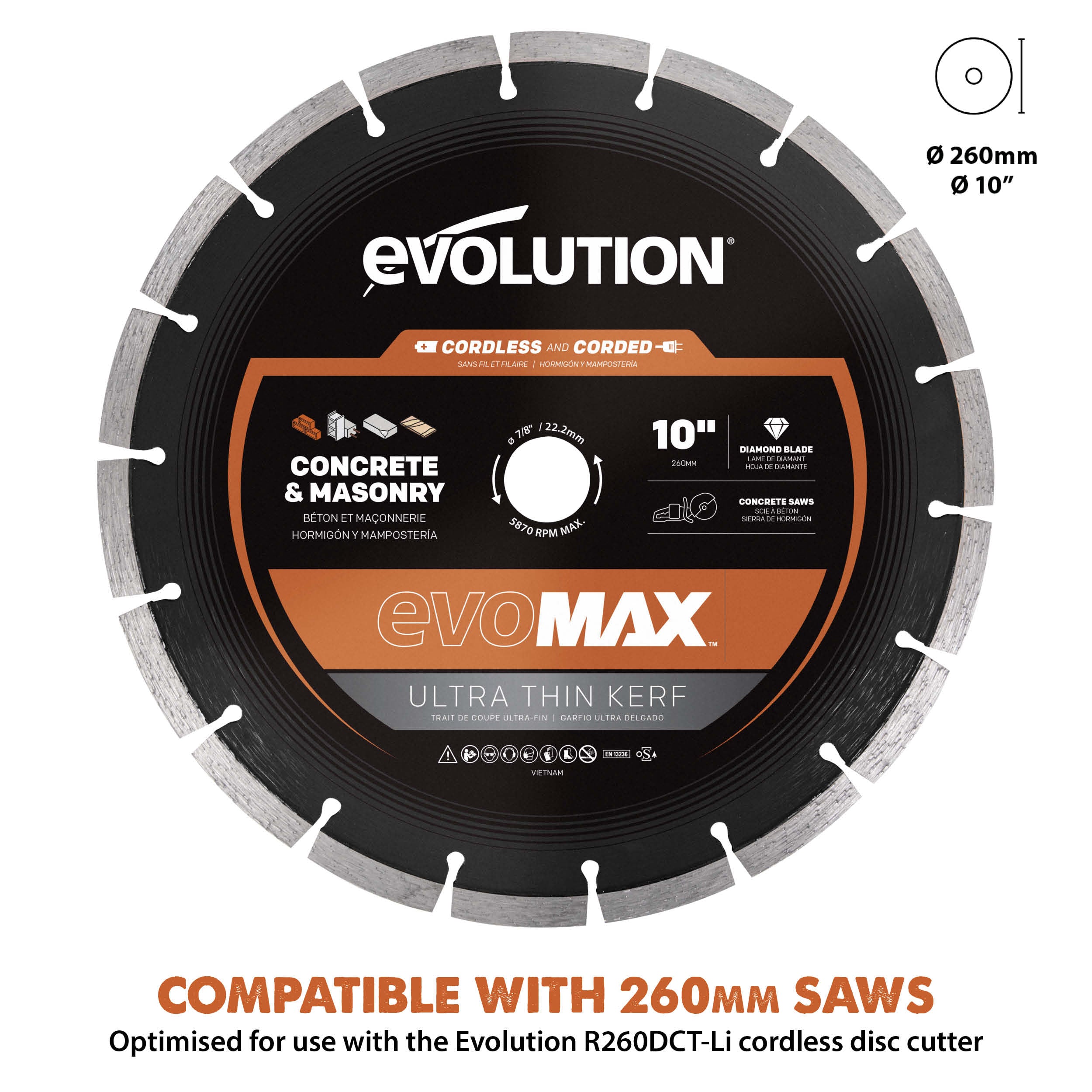 Evolution EVOMAX 260mm Ultra Think Kerf, Premium Diamond Blade, 22.2mm Bore