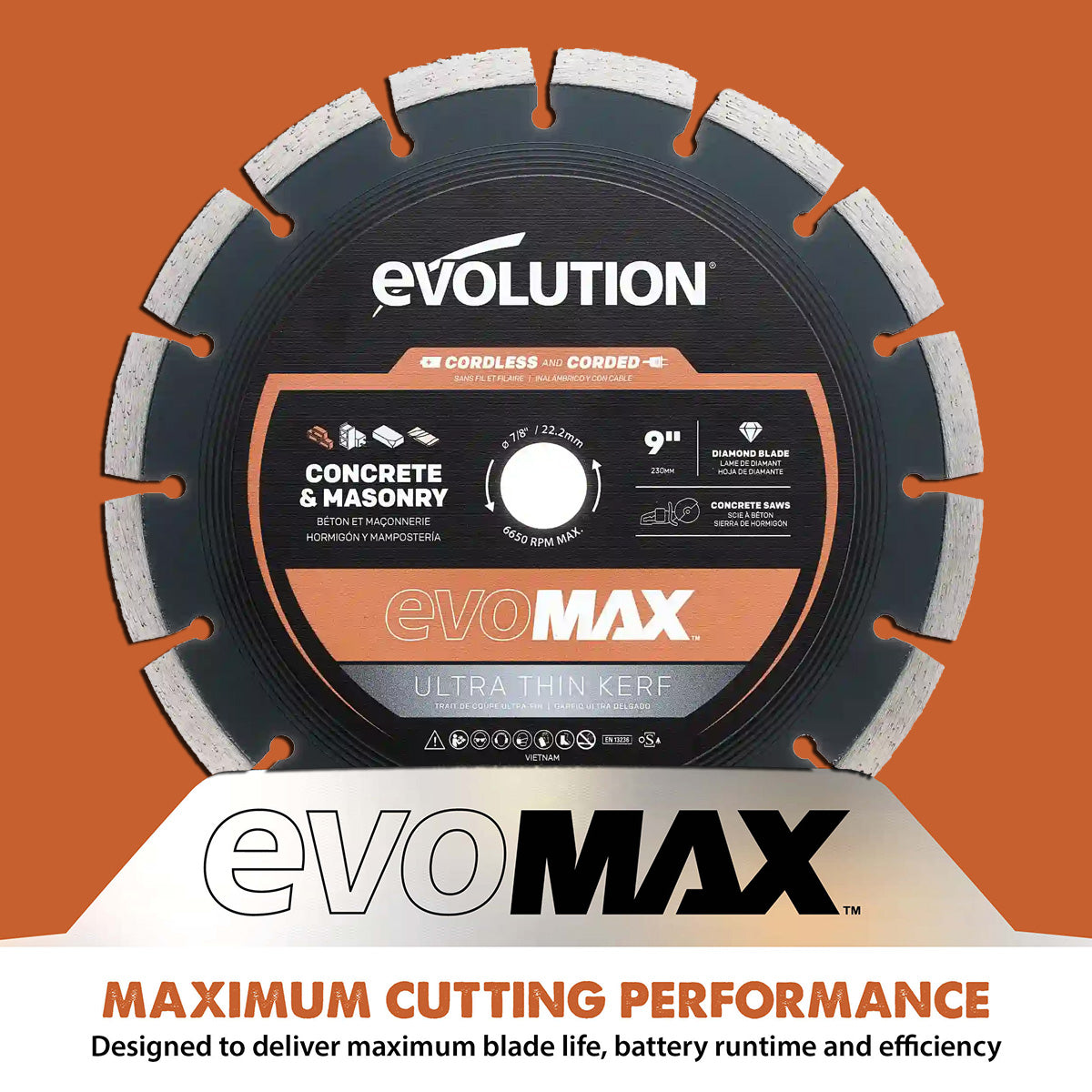 Evolution EVOMAX 230mm Ultra Thin Kerf, Premium Diamond Disc Cutter Blade, 22.2mm Bore
