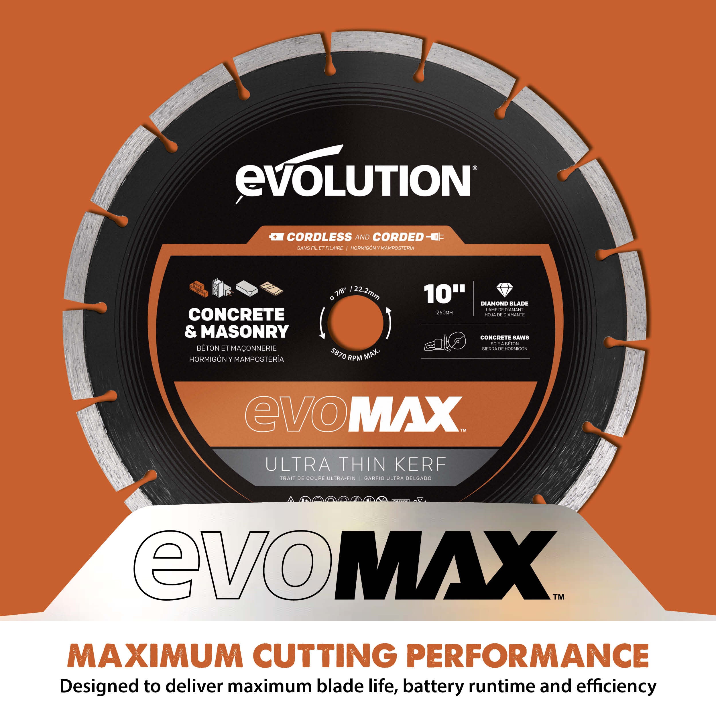 Evolution EVOMAX 260mm Ultra Think Kerf, Premium Diamond Blade, 22.2mm Bore
