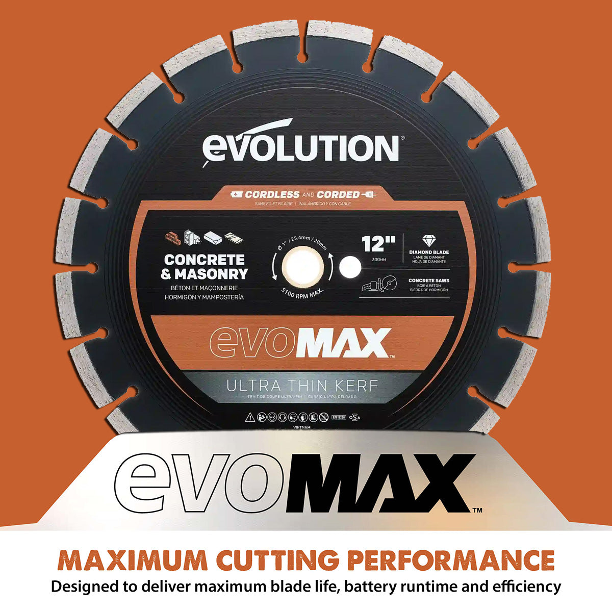 Evolution EVOMAX 300mm Ultra Think Kerf, Premium Diamond Disc Cutter Blade, 22.2mm Bore