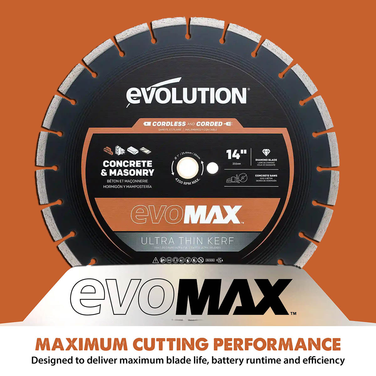 Evolution EVOMAX 350mm Ultra Thin Kerf, Premium Diamond Disc Cutter Blade, 22.2mm Bore