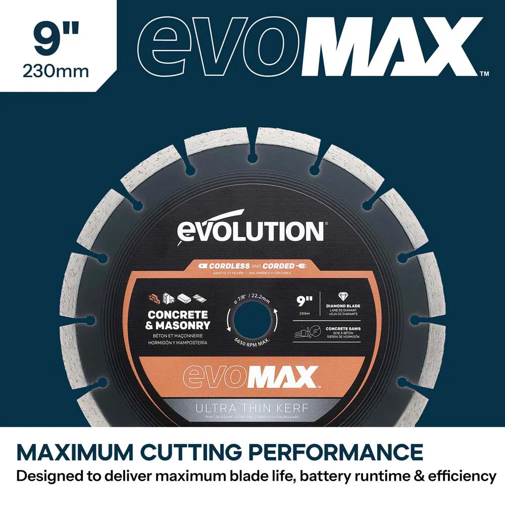 Evolution EVOMAX 230mm Ultra Thin Kerf, Premium Diamond Disc Cutter Blade, 22.2mm Bore