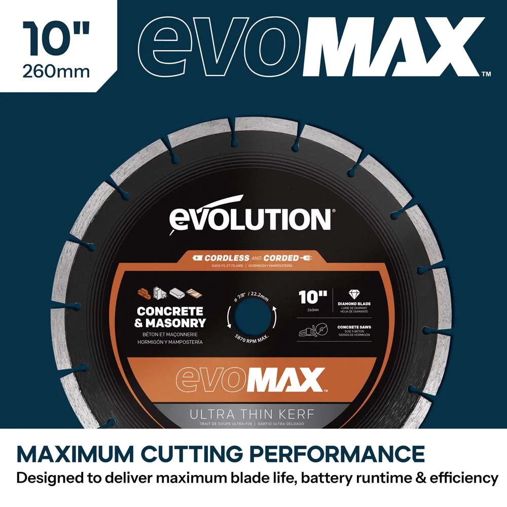 Evolution EVOMAX 260mm Ultra Thin Kerf, Premium Diamond Disc Cutter Blade, 22.2mm Bore