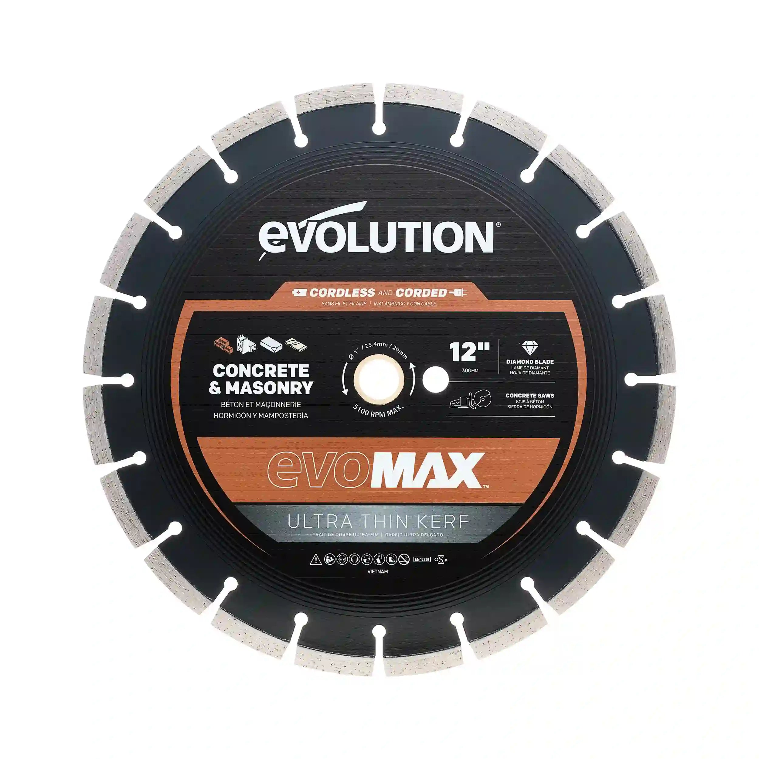 Evolution EVOMAX 300mm Ultra Think Kerf, Premium Diamond Disc Cutter Blade, 22.2mm Bore