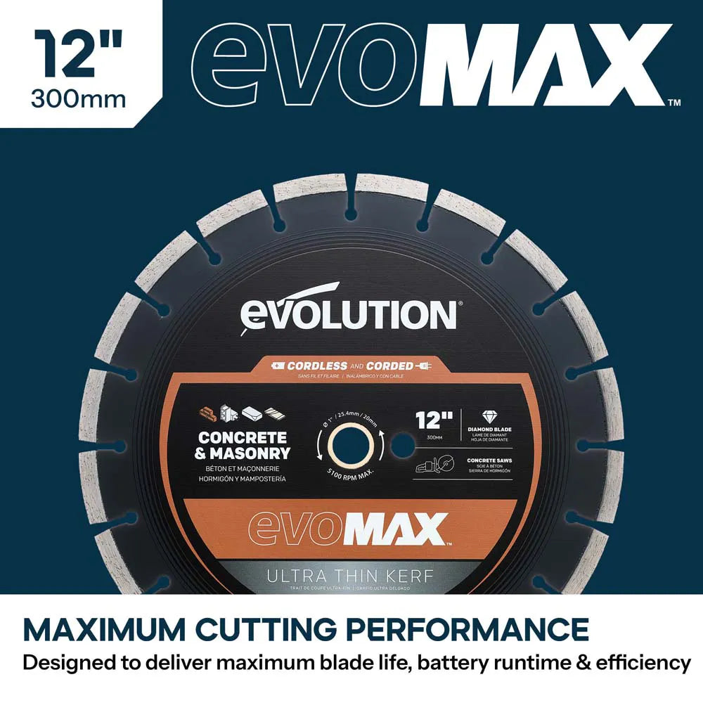 Evolution EVOMAX 300mm Ultra Think Kerf, Premium Diamond Disc Cutter Blade, 22.2mm Bore