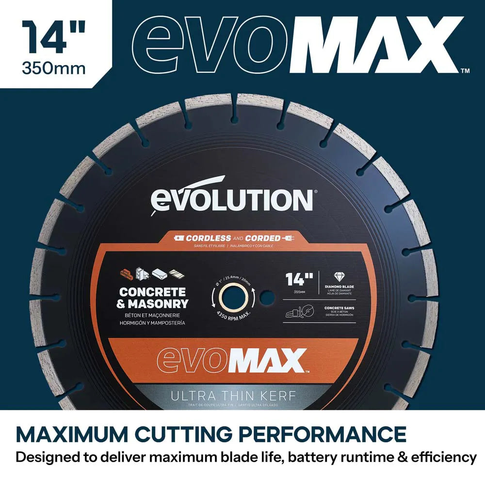 Evolution EVOMAX 350mm Ultra Thin Kerf, Premium Diamond Disc Cutter Blade, 22.2mm Bore