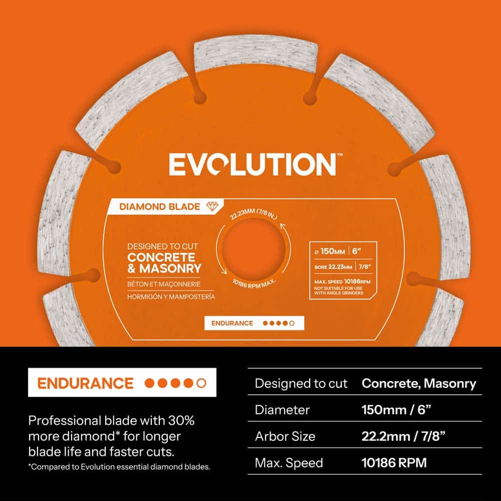 Evolution 150mm Endurance Diamond Mini Disc Cutter Blade, 22.2mm Bore