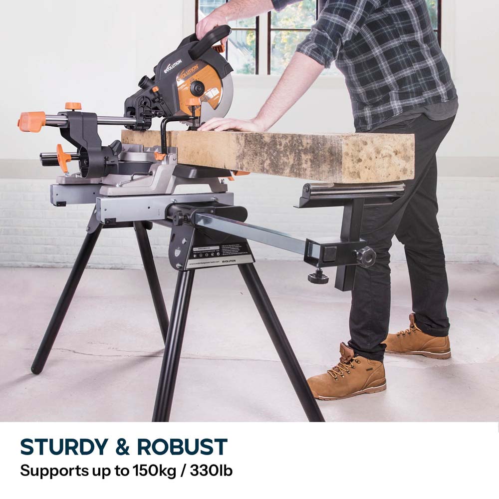 Evolution Cordless R255SMS-DB-Li Double Bevel Mitre Saw & Universal Stand Bundle