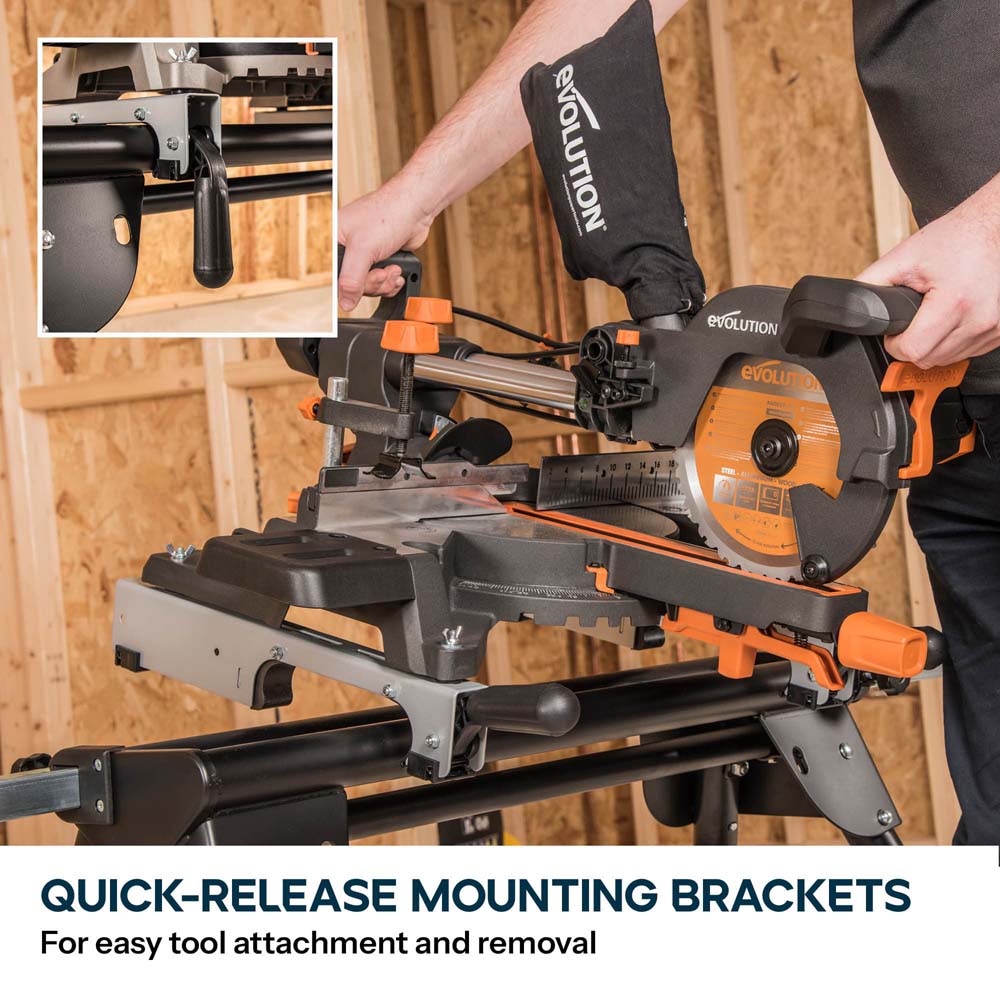 Evolution Cordless R255SMS-DB-Li Double Bevel Mitre Saw & Universal Stand Bundle