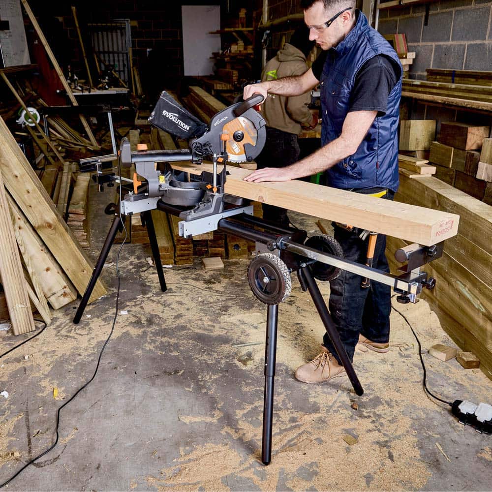 Evolution R210SMS-300+ Sliding Mitre Saw & XL Rolling Stand Bundle