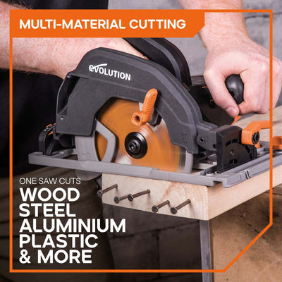 Evolution R185CCSX 185mm Circular Saw with 1020mm 3-piece Mini Track and TCT Multi-Material Cutting Blade