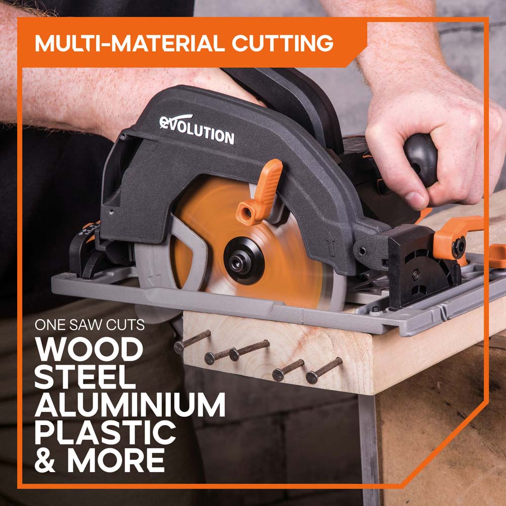 Evolution R185CCSX 185mm Circular Saw with 1020mm 3-piece Mini Track and TCT Multi-Material Cutting Blade