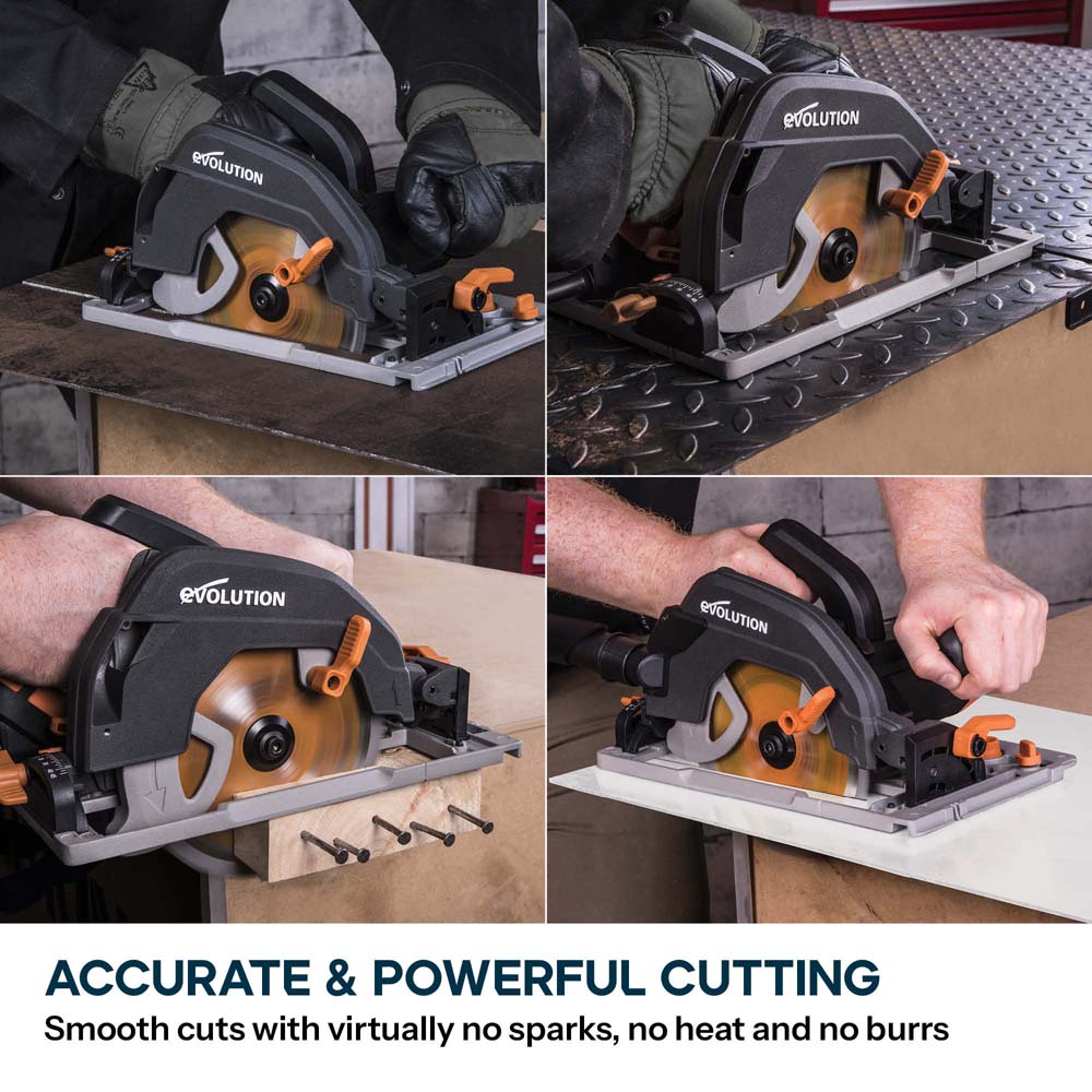 Evolution R185CCSX 185mm Circular Saw with 1020mm 3-piece Mini Track and TCT Multi-Material Cutting Blade