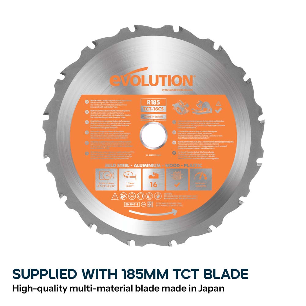 Evolution R185CCSX 185mm Circular Saw with 1020mm 3-piece Mini Track and TCT Multi-Material Cutting Blade