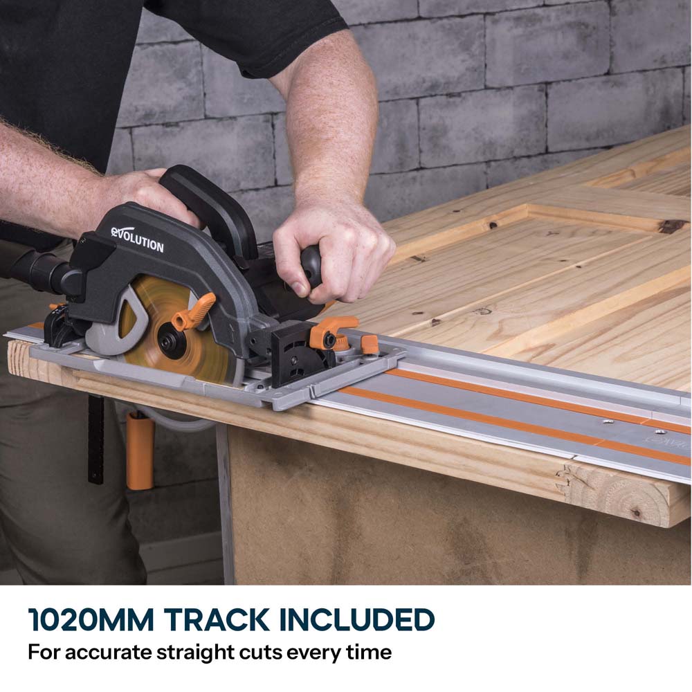 Evolution R185CCSX 185mm Circular Saw with 1020mm 3-piece Mini Track and TCT Multi-Material Cutting Blade