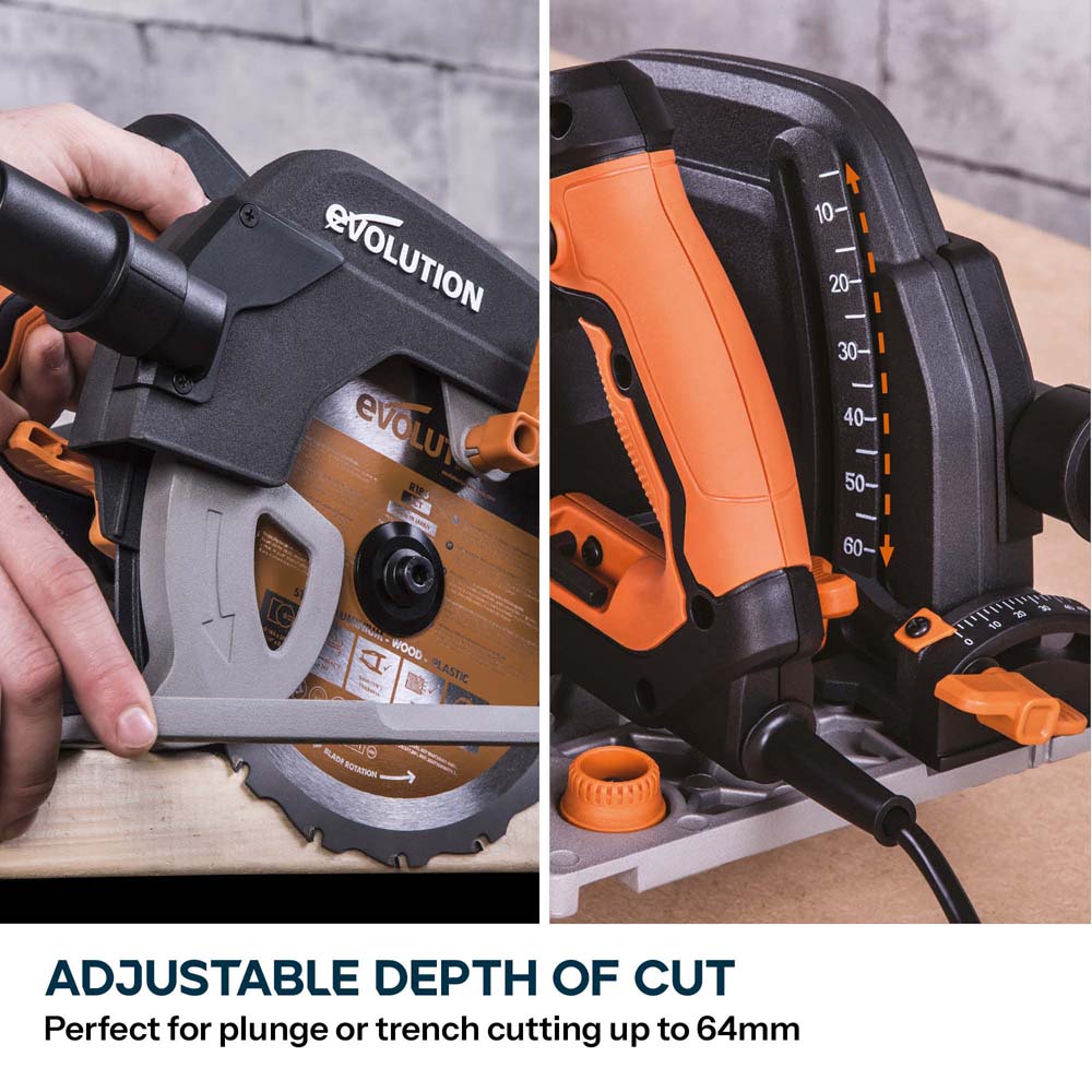 Evolution R185CCSX 185mm Circular Saw with 1020mm 3-piece Mini Track and TCT Multi-Material Cutting Blade