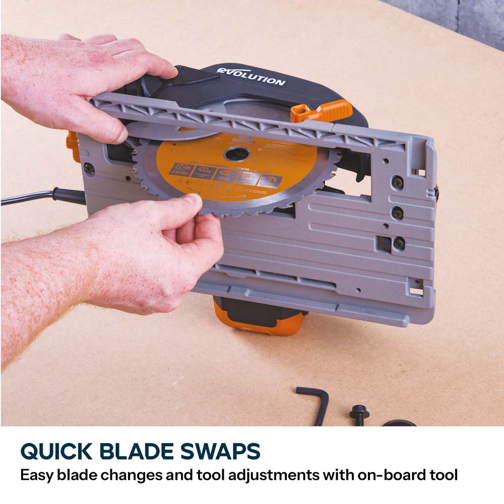 Evolution R185CCSX 185mm Circular Saw with 1020mm 3-piece Mini Track and TCT Multi-Material Cutting Blade