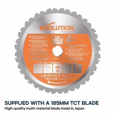 Evolution Cordless R185SMS-Li 185mm Sliding Mitre Saw 18v Li-Ion EXT Inc Multi-Material Blade