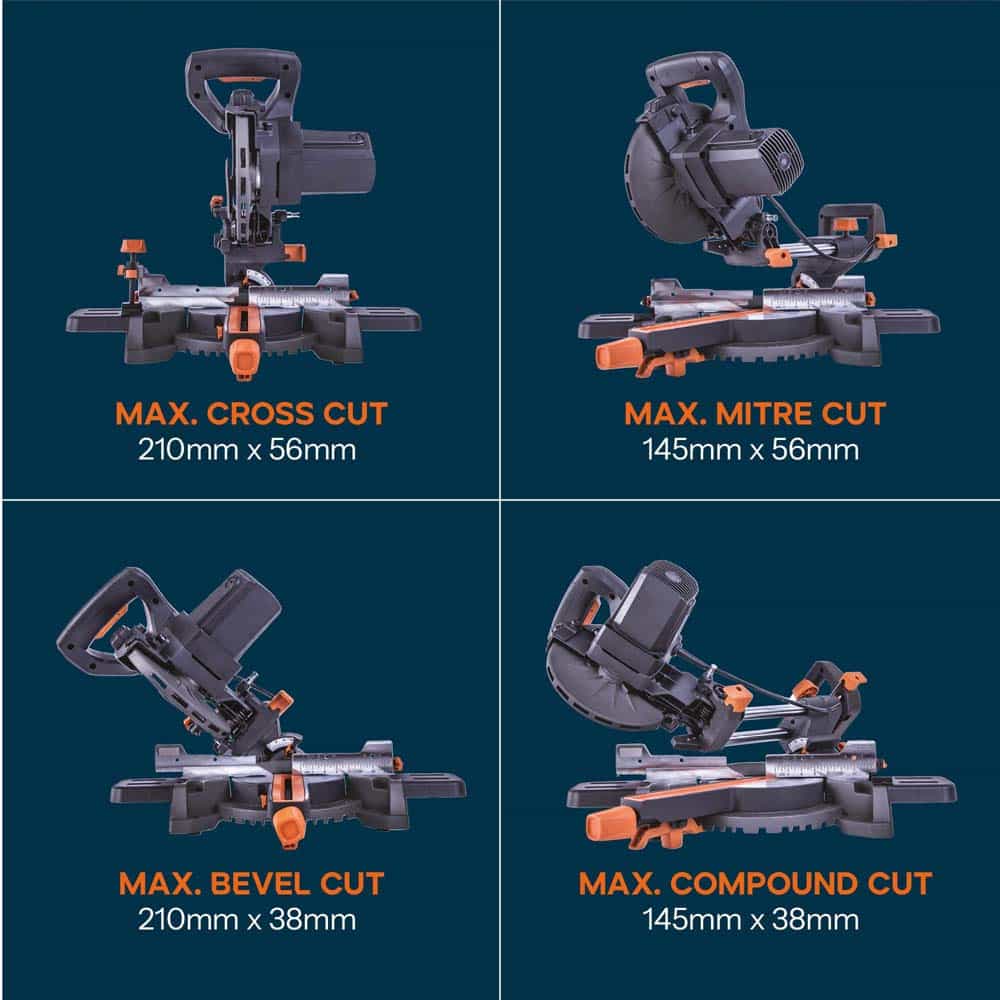 Evolution R185SMS+ 185mm Sliding Compound Mitre Saw With TCT Multi-Material Cutting Blade (230V)