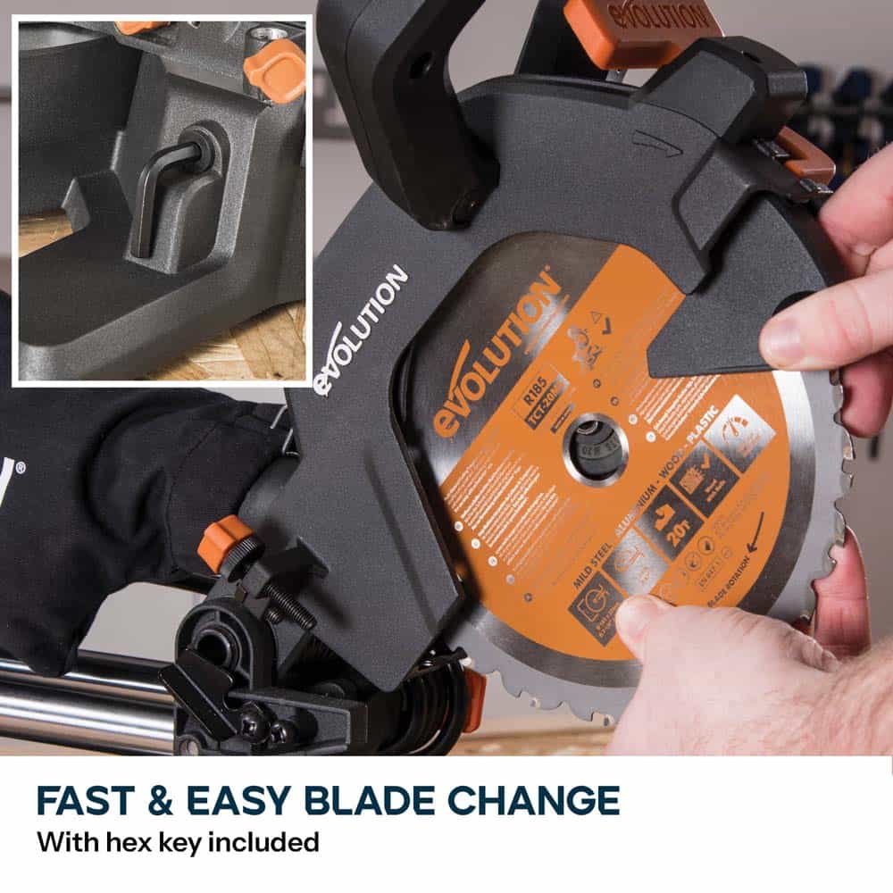 Evolution R185SMS+ 185mm Sliding Compound Mitre Saw With TCT Multi-Material Cutting Blade (230V)