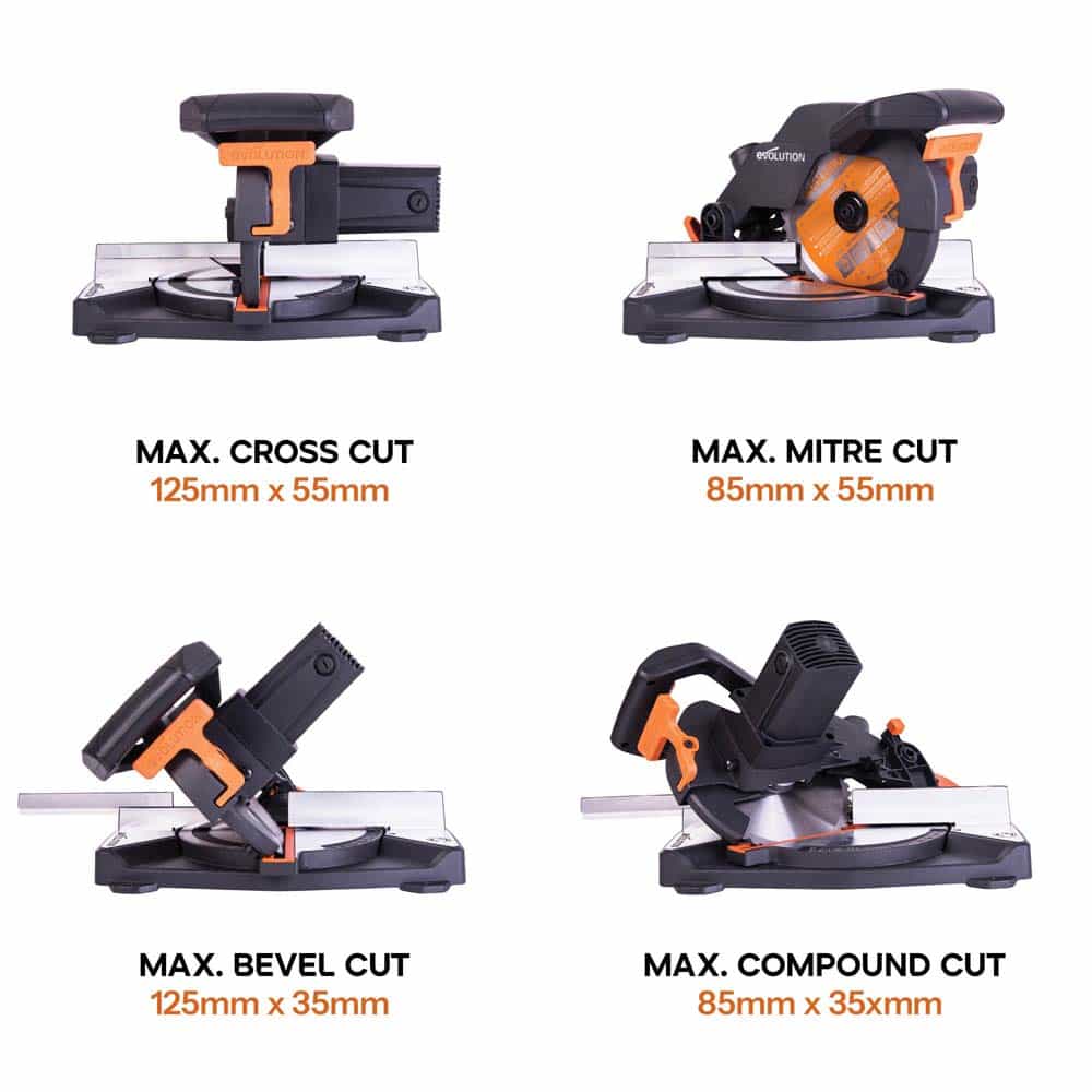 Evolution R210CMS+ 210mm 1200w Compound Mitre Saw With TCT Multi-Material Cutting Blade