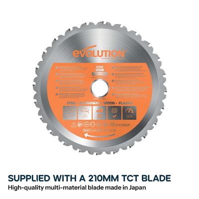 Evolution R210SMS-300+ 210mm Sliding Compound Mitre Saw With TCT Multi-Material Cutting Blade