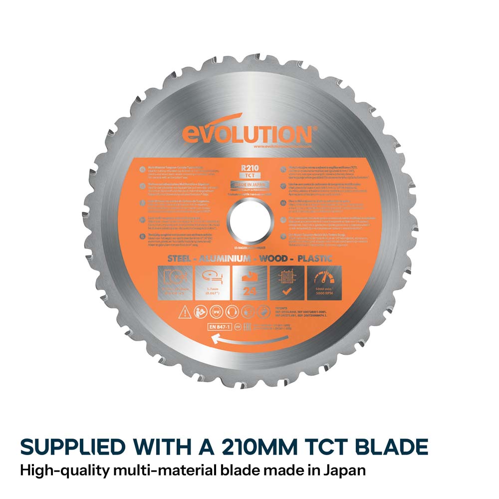 Evolution R210SMS-300+ Sliding Mitre Saw & XL Rolling Stand Bundle