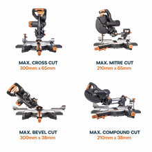 Evolution R210SMS-300+ 210mm Sliding Compound Mitre Saw With TCT Multi-Material Cutting Blade