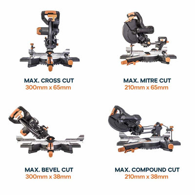 Evolution R210SMS-300+ 210mm Sliding Compound Mitre Saw With TCT Multi-Material Cutting Blade