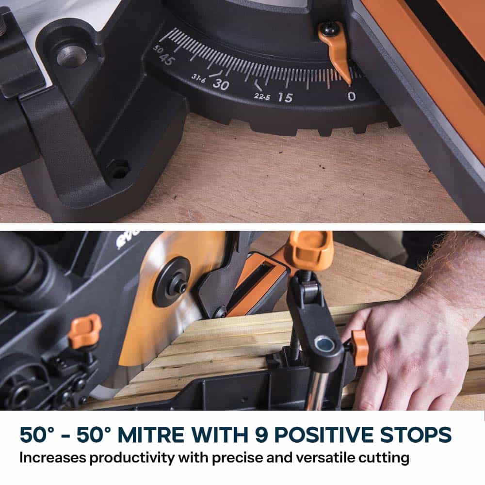 Evolution R210SMS-300+ 210mm Sliding Compound Mitre Saw With TCT Multi-Material Cutting Blade