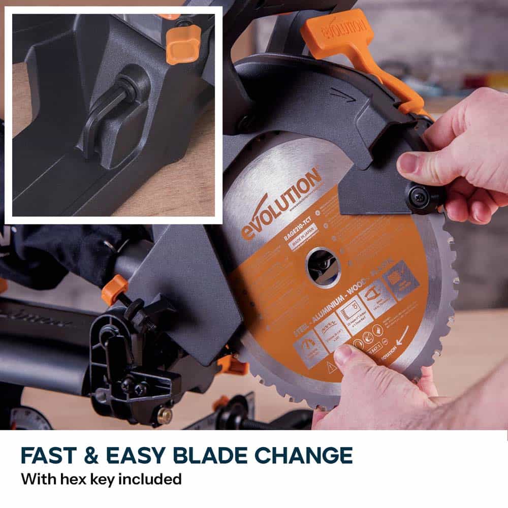 Evolution R210SMS-300+ 210mm Sliding Compound Mitre Saw With TCT Multi-Material Cutting Blade