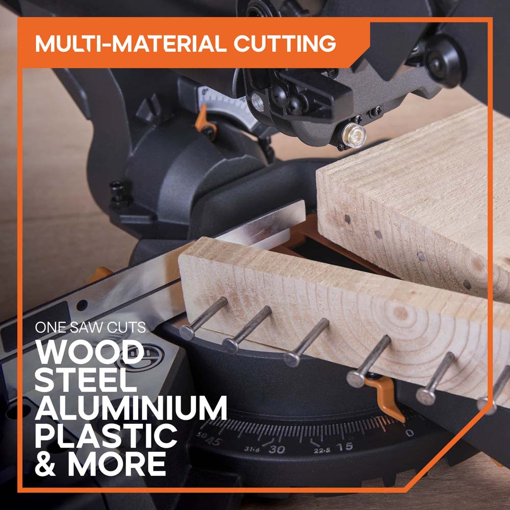 Evolution R210SMS+ 210mm Sliding Compound Mitre Saw With TCT Multi-Material Cutting Blade
