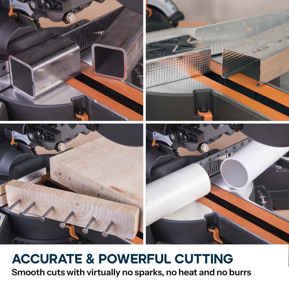 Evolution R210SMS+ 210mm Sliding Compound Mitre Saw With TCT Multi-Material Cutting Blade