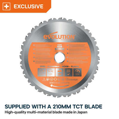 Evolution R210SMS+ 210mm Sliding Compound Mitre Saw With TCT Multi-Material Cutting Blade