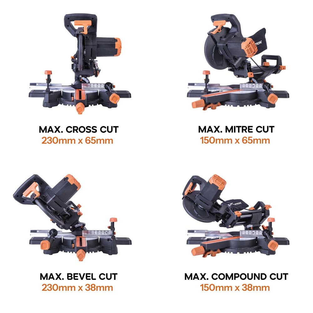 Evolution R210SMS+ 210mm Sliding Compound Mitre Saw With TCT Multi-Material Cutting Blade