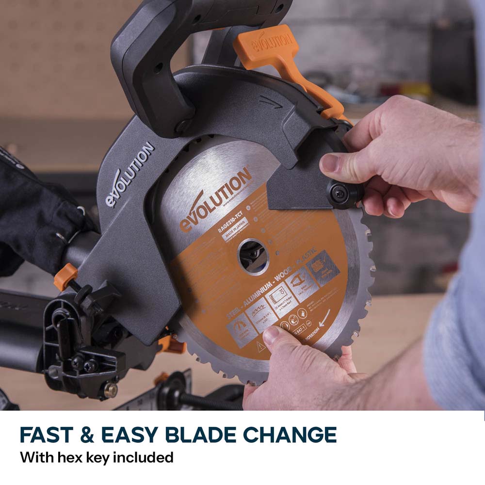 Evolution R210SMS+ 210mm Sliding Compound Mitre Saw With TCT Multi-Material Cutting Blade