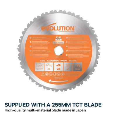 Evolution Cordless R255SMS-DB-Li Double Bevel Mitre Saw & Universal Stand Bundle