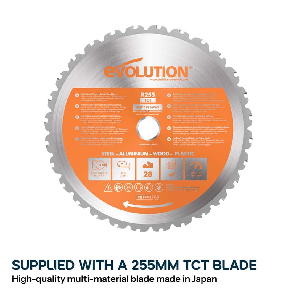 Evolution Cordless R255SMS-DB-Li  Double Bevel Mitre Saw & XL Stand