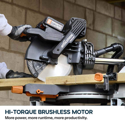 Evolution Cordless R255SMS-DB-Li Double Bevel Mitre Saw & Universal Stand Bundle
