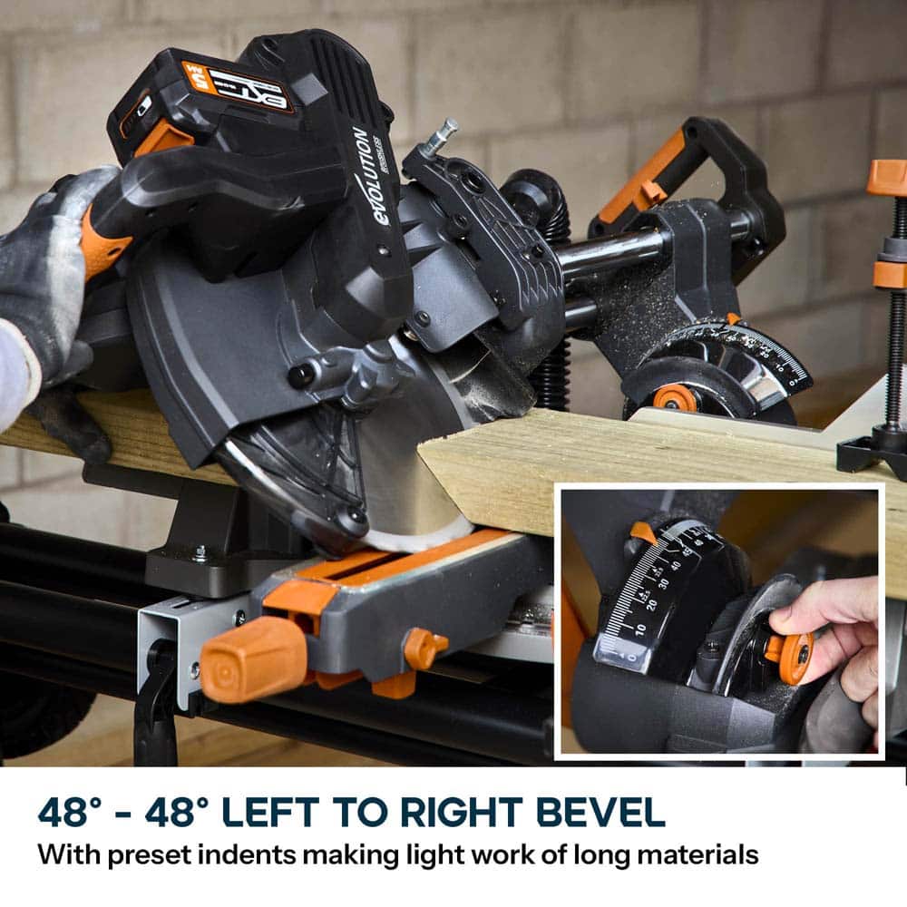 Evolution Cordless R255SMS-DB-Li  Double Bevel Mitre Saw & XL Stand