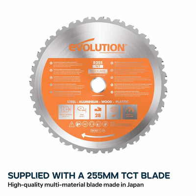 Evolution R255SMS-DB+ 255mm Double Bevel Sliding Compound Mitre Saw with 40T Wood Blade and 28T Multi-Material TCT Blade